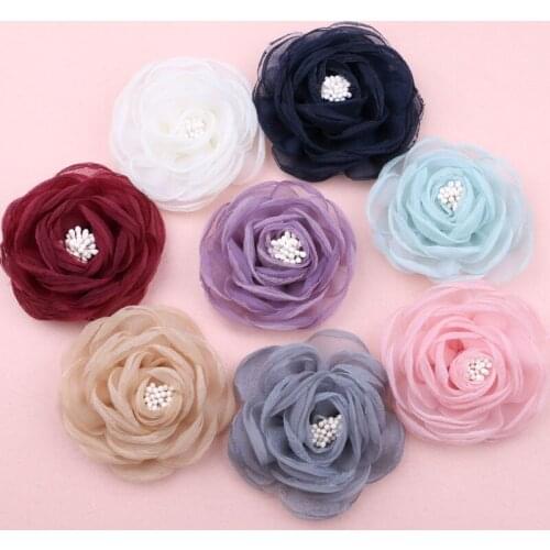 Handmade Chiffon Fabric Flower Flatback Button Sticker Garment Ornament Accessories Floral Lace Patch Girl hair Jewelry DIY 70mm
