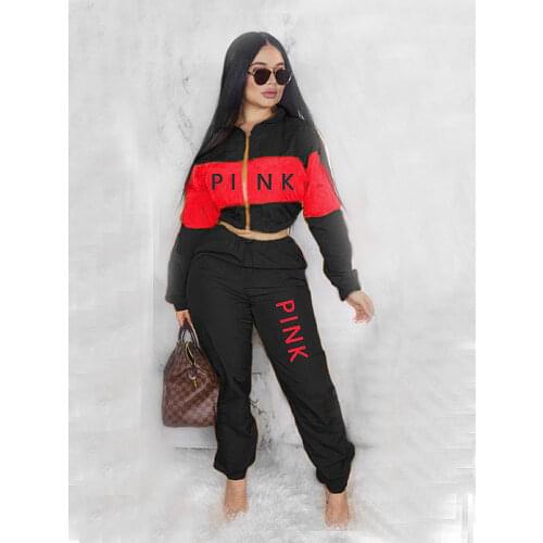 Fashion 2 Piece Set Pink Letter Print Tracksuits Women Zipper Coat And Pants Suit Sporty 2pcs Outfits Streetwear Matching Set