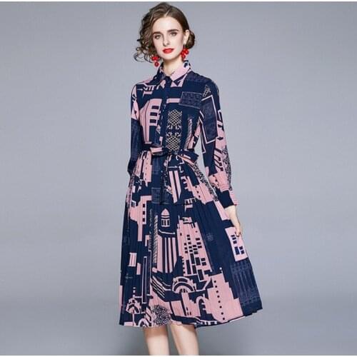 Sping Fashion Runway Long Sleeve Vintage Womens Belted Turn Down Collar City Build Pattern Print Elegant Draped Dress Vestidos