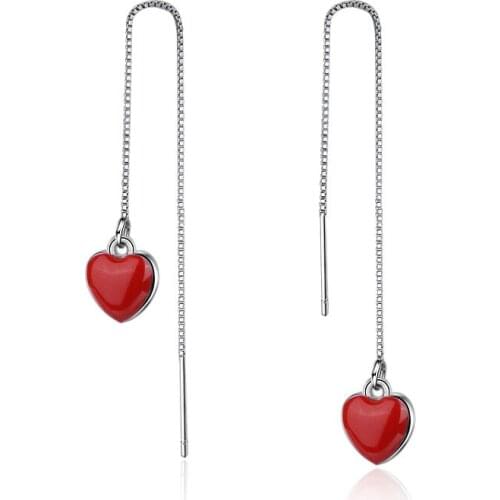 High Quality Korean Earrings 2018 Red Heart Shape 925 sterling silver Long Tassel Dangle Earring Statement Jewelry Gift