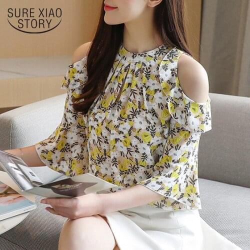 2021 Summer Flower Off-Shoulder Blouse Women Blusas Mujer De Moda New Chiffon Short Sleeve Shirt Office Lady Loose Pullover