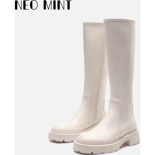 2021 Autumn Women Knee High Boots Khaki Green Laminated Flat Platform Boots Round Toe Popular Chunky Heel Women Long Boots