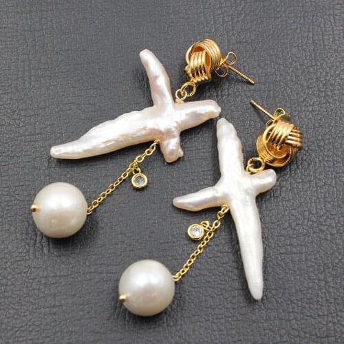 GG Jewelry Natural White Keshi Cross Pearl Crystal CZ Chain Dangle Stud Earrings Handmade For Women