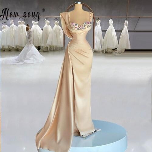 NEW Champagne Muslim Evening Dresses with Split Side Spaghetti Straps Sweetheart A-Line Satin Long Prom Dress vestido de novia