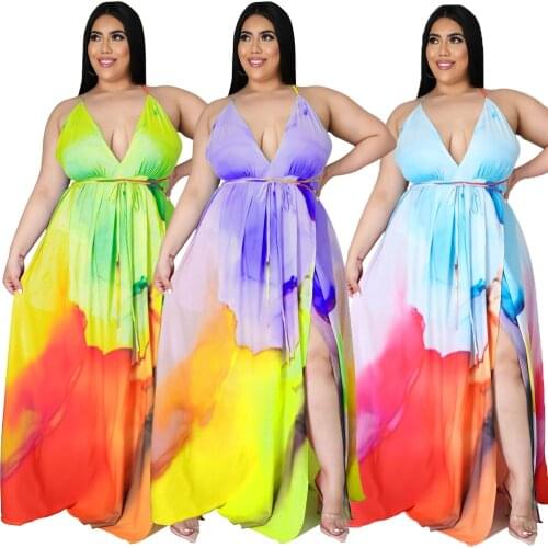 Women Bohemian Sexy Dress Deep V Collar Hanging Neck Belt Backless Split Fork Plus Size Long Dresses 5xl Wholesale Dropshipping