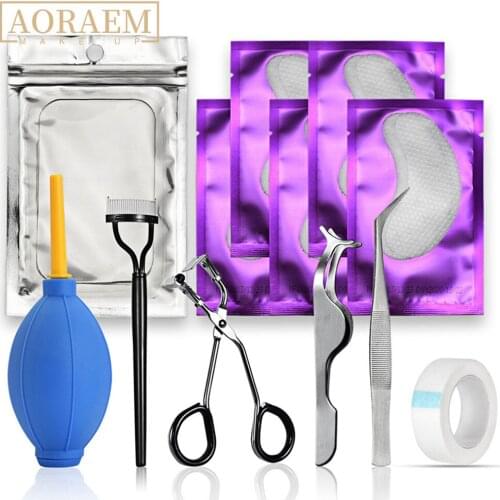 AORAEM Grafting Tools For Eyelash Extension Gel Pads Forehead Sticker Blow Dry Ball Comb Curler Tweezers Tape Eyelashes Makeup