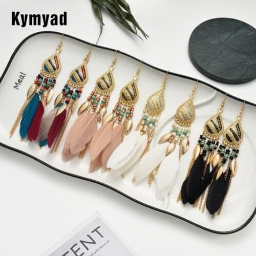 Kymyad Bohemia Earrings For Women Jewelry Bijoux Femme Long Feather Earring Colorful Beads Pendant Earings Fashion Jewelry