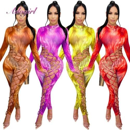 Women Tie Dye print Lace Up Hollow Out Bodycon Long Sleeve Jumpsuit Sexy Club Night Party Rompees streetwear outfit overalls