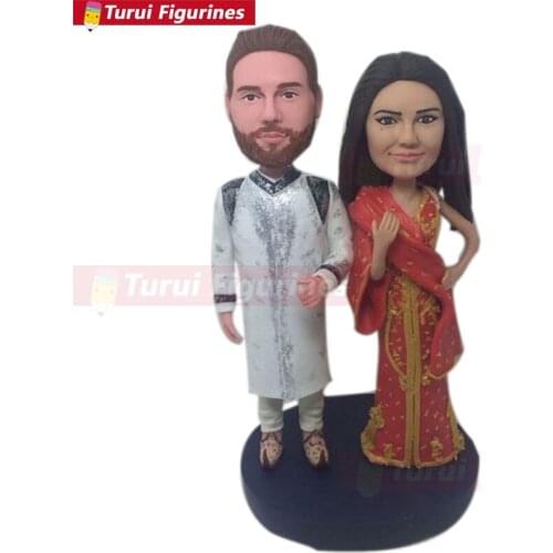 Indian Traditional Outfit Personalized Wedding Cake Topper Bobble Head Clay Figurine Based on Customers' Photos Traditional Indi