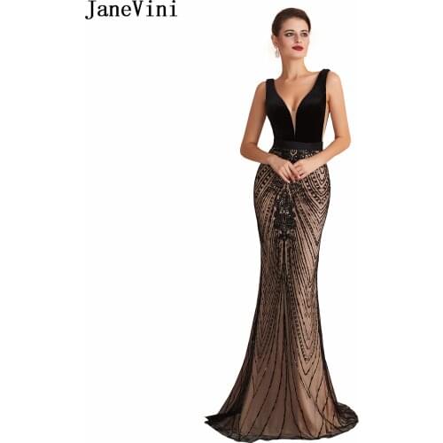JaneVini Sexy Deep V Neck Mermaid Sequin Evening Dress for Women 2019 Sleeveless Sparkling Black Long Dresses Dubai Abendkleider