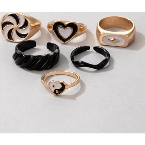 6pcs/sets Colorful Heart Cute Ring Sets for Women Punk Snake Letter Gold Alloy Metal Party Jewelry Black Tai Chi Set Ring