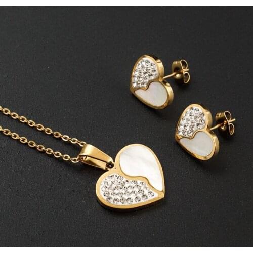 CZ Heart Pendant Jewelry Set for Woman Crystal Gold Plating Stainless Steel Shell Earring Necklace Female jewellery sets Gift