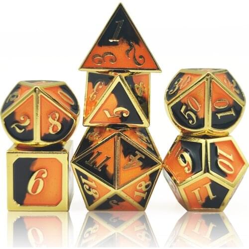 Metal dice orange and black two-color series metal multi-faced dice set, suitable for MTG RPG DnD board games and teaching mathe