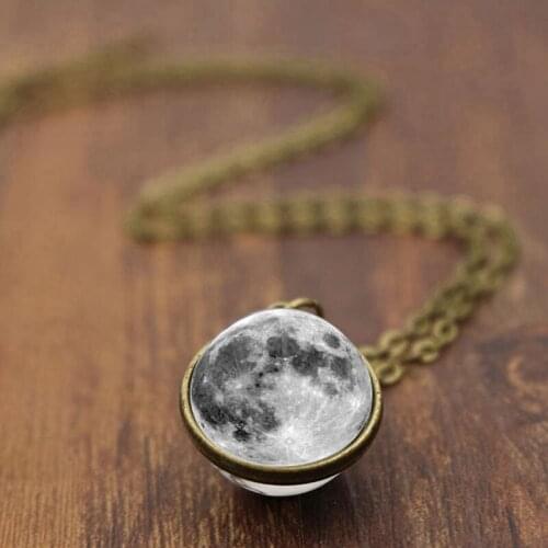 Fashion Women Men Glass Ball Necklace Double-sided Grey Full Moon Crescent Glass Ball Pendant Necklace Unisex Jewelry Gifts