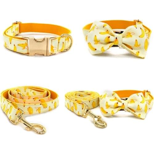 Fruit 02 Yellow Banana Retailing Handmade Plaid Vara Bow Pet Collar Dog Collar And Leash Set With Bow Tie