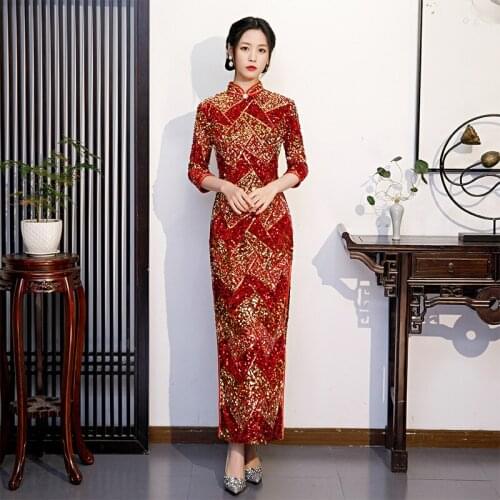 Luxury Gorgeous Women Autumn New Velour Cheongsam Wedding Party Dress Chinese Traditional Mandarin Collar Sexy Qipao Plus Size