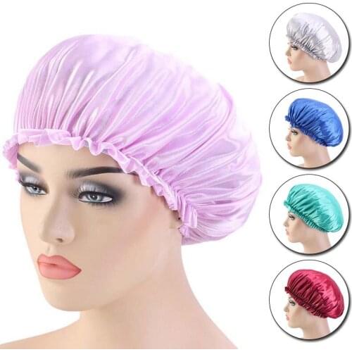 Fashion Adult Shower Caps Women Satin Night Sleep Cap Hair Bonnet Hat Silk Head Cover Wide Elastic Band Adult Shower Caps