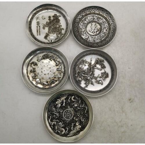 Chinese tibet silver dragon and phoenix statue, silver dollar coin Plate metal crafts Family decoration