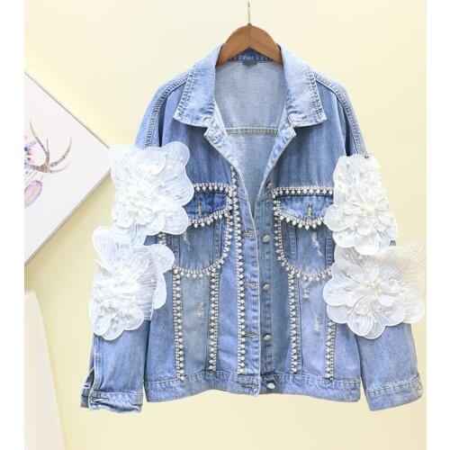 High Quality Spring Autumn New Denim Jacket for Womens Beading Three-dimensional Flower Jeans Coat Female Casual Outerwear M117