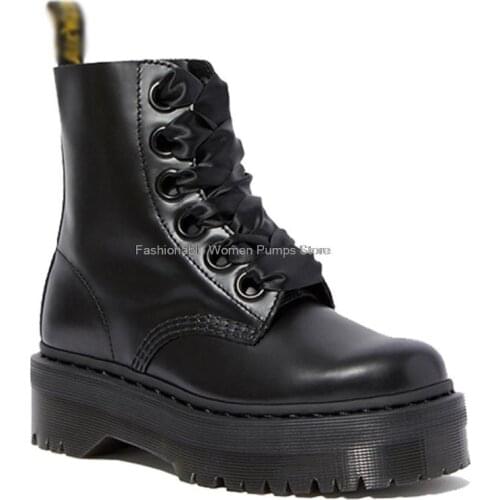 Women Ankle Boots Thick Heels Platform Lace Up 6-holes Increased Heel Woman Leather Shoes Female British Short Motorcycle Boots
