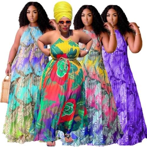 Maxi Dresses for Women Summer 2021 Plus Size Clothing Wholesale Long Pleated Dress Beach Sexy Backless Halter Dress Dropshipping