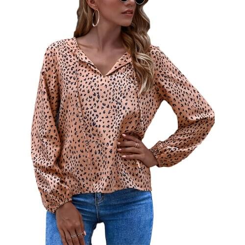 Women’s Casual Long-sleeves Pullover Top Autumn Fashion Leopard Print T-shirt with Two Straps