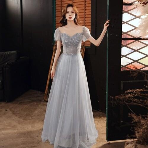 Sexy Sequins Embroidery Short Sleeve Chiffon Evening Dress Back Bandage Women Formal Gowns Robe De Soiree Cheongsam 3XL