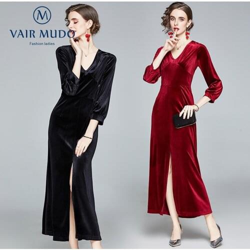 VAIR MUDO High-End Dress Women Solid Trumpet Mermaid Ladies Velvet Dark Green Temperament Dress Retro V-neck Midi Skirt BanqY-13