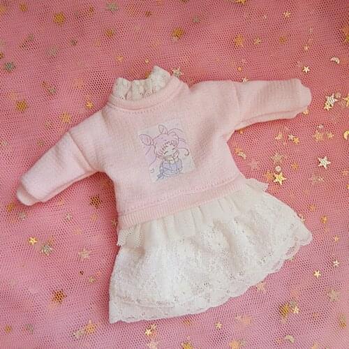 1 Set 1/6 Cute Sailor Moon Pattern Neoblythe Doll Clothes Pink Sweater and White Skirt for Blyth Azone Licca Doll Accessories