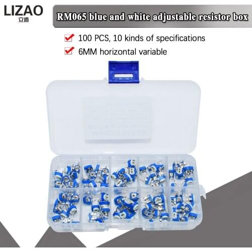100Pcs/Box RM065 Carbon Film Horizontal Trimpot Potentiometer Assortment Kit 10 Values Variable Resistor 500R - 1M