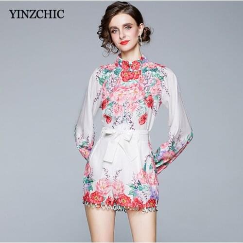 2020 Early Autumn Woman 2pcs Suit Stand Collar Blouse Loose Short Pants Sets for Lady Floral Printed Female Casual Suit Sets