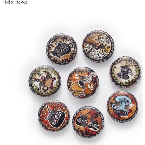 50pcs Indian color Retro Printing Round Wood buttons Sewing Scrapbook Clothing Gifts Crafts Handwork Accessories 15mm