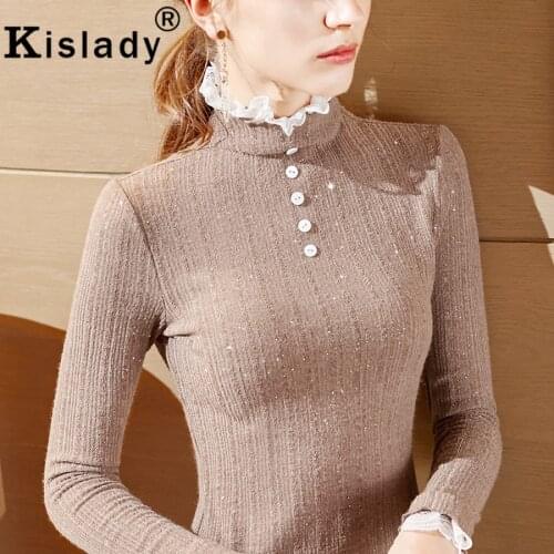 2020 Spring Fall Womens Turtleneck Long Sleeve Gothic Shirt Sexy Lace Patchwork OL Plus Size Blouses Korean Fashion Clothes