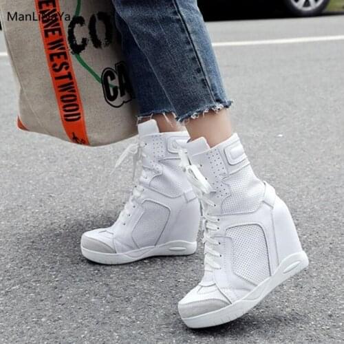 Lace up Incresing Height Round Toe Short Boots Genuine Leather Winter Female White Casual Boots Belt High Top Ladies Shoes 2018