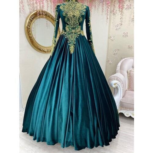 Teal Satin Appliques Gold Beaded Muslim Prom Dress 2021 Long Sleeve Saudi Arabic Moroccan Caftan Evening Formal Party Gown