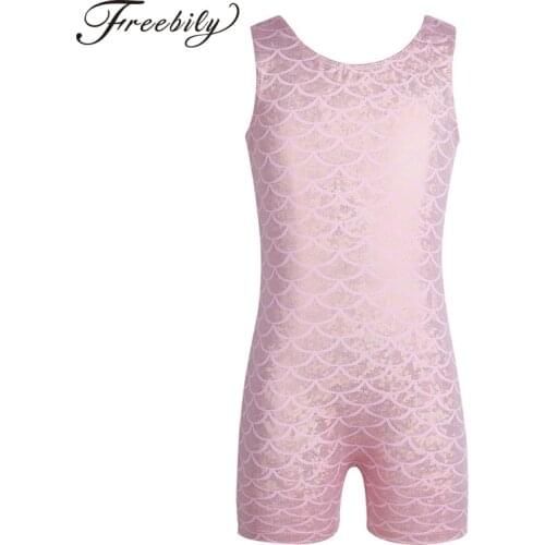 Kids Sleeveless Shiny Scales Printed Ballet Dance Leotard Girls Gymnastics Leotard Sports Jumpsuit Workout Unitard Gym Bodysuit