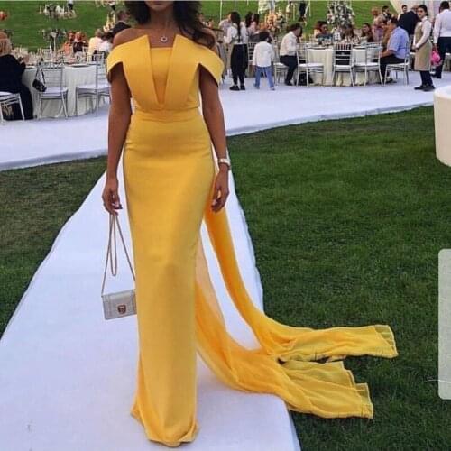 Gold Long Sheath Evening Dresses Off Shoulder robe de soiree longue 2020 abiye New Arrival Formal Party Prom Gowns With Cape