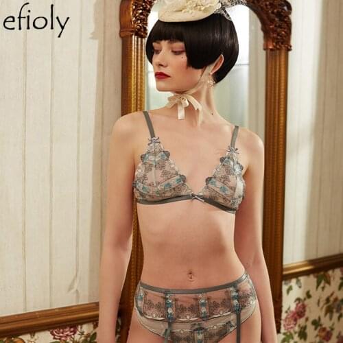 EFIOLY 2019 Deep V Bra Set Push Up Unlined Thin Bra + Panties + Garter Lace Embroidery Underwear Set Sexy Lingerie Simple Suit
