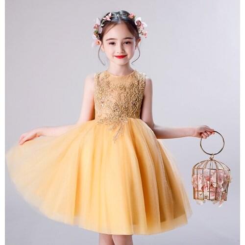 Elegant Golden Lace Embroider Beads Girl Party Dress First Communion Gown Kids Girls Pageant Gown Flower Girl Dress for Weddings