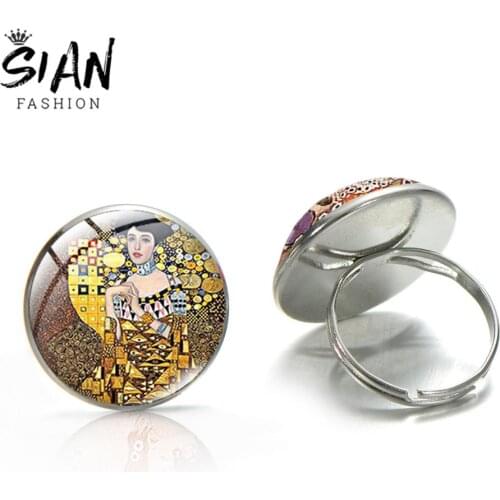 SIAN Elegant Women Abstract Painting Ring Gustav Klimt The Kiss Vintage Charm Adjustable Glass Round Ring Party Birthday Wearing