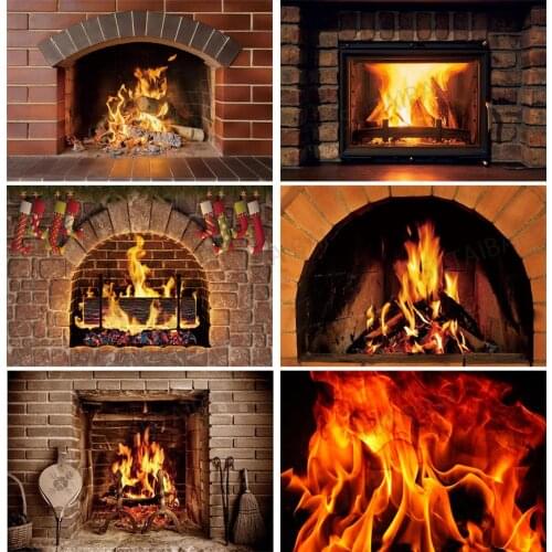 Winter Brick Fireplace Wood Burning Fire Photo Backdrops Christmas Rural Home Decor Props Photography Background Photo Studio