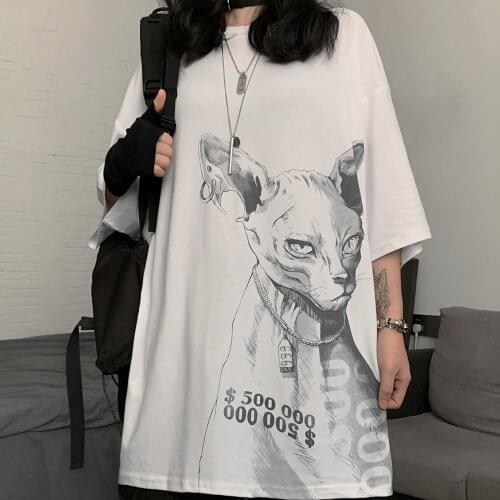 Harajuku Sphinx Cat Print Oversized Short-Sleeved T-Shirt Women And Men Loose Cotton Stretch Comfortable Streetwear Hip-Hop Tees