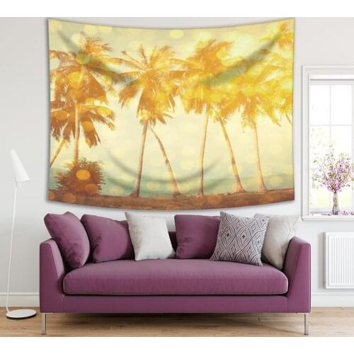 Tapestry Palm Trees on Tropical Beach with Golden Party Glamour Bokeh Overlay Romantic Summer Landscape Yellow Beige