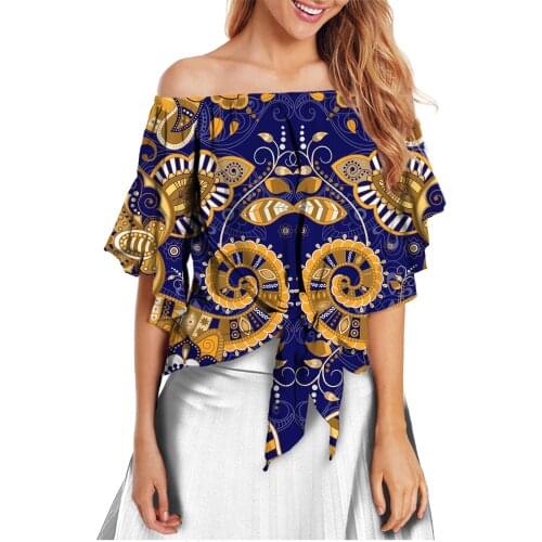HYCOOL Latest Casual African Tribal Tattoo Design Navy Women Clothing Flare Sleeve Top Sexy Slash Neck Summer Super Short Blouse