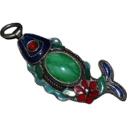 China Old Tibetan Silver Cloisonne Inlaid Jade Fish Pendant