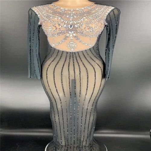 V57 Bar catwalk stage wears costume black rhinestones long skirt see-through one piece skirt mesh crystal clothe long sleeve ds