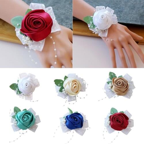 Beautiful Wrist Corsage Bridal Bridesmaid Pearls Leaves Stretchy Bracelet Wedding Prom Party Rose Hand Flower Wreaths Garlands