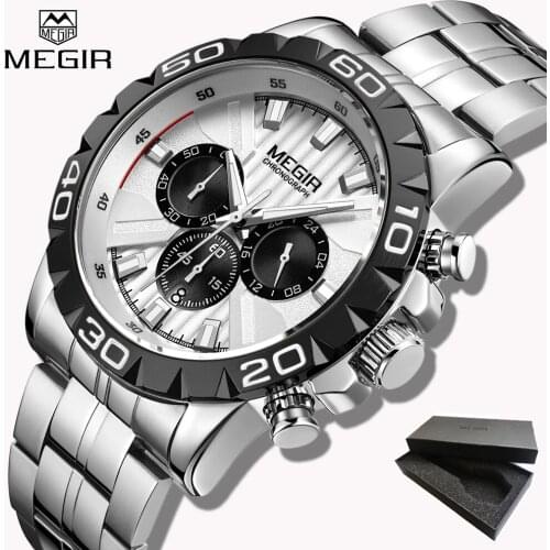 MEGIR Top Luxury Brand Quartz Watch Men Analog Chronograph Wrist Watch Full Stainless Steel Band Wristwatch Auto Date Gift box