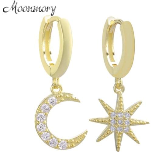 Moonmory Gold Plated 925 Sterling Silver Moon Star Drop Earring For Women 2020 Crystal Dangle Huggies Earring Christmas Gift
