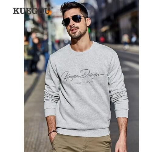 KUEGOU Brand Mens hoodies spring autumn sweatshirt Mens pure color letters round collar cotton embroidery sweatshirts MW-2275